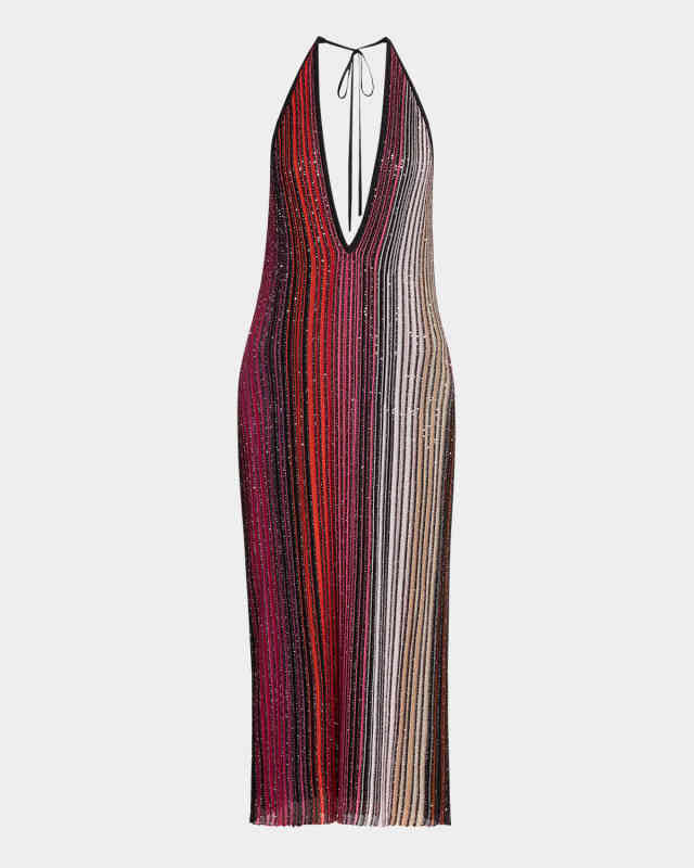 Paillette Striped Plunging Halter Midi Dress